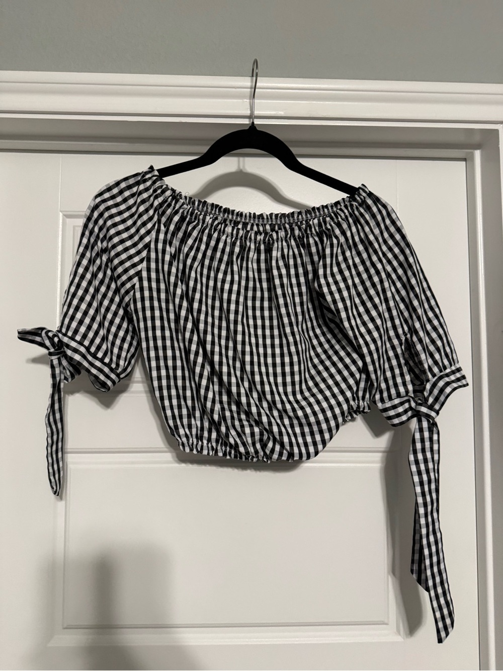 Black and White Gingham Off-Shoulder Tie-Sleeve Crop Top